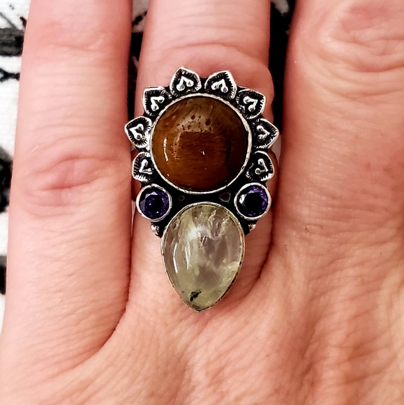 New Golden Rutile, Tiger Eye and Amethyst 925 Silver Ring. - Picture 2 of 9